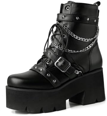 GHSIRUEU Botines góticos para Mujer con Plataforma Tacones Gruesos Botas de Combate Punk para Motocicleta con Cadena y Remaches,Negro,35 EU