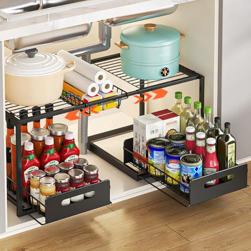 YunNasi Organizador Bajo Fregadero, Armario 2 Niveles Metal Altura Ajustable Estantería Bajo Fregadero, Bandeja Extraible Mueble Almacenaje para Cocina Baño (Negro, A-Estilo)