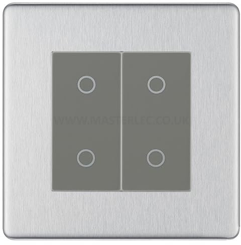 BG FBSTDM2G Brushed Steel Screwless 2 Gang Double Master Touch Dimmer Switch Grey Inserts