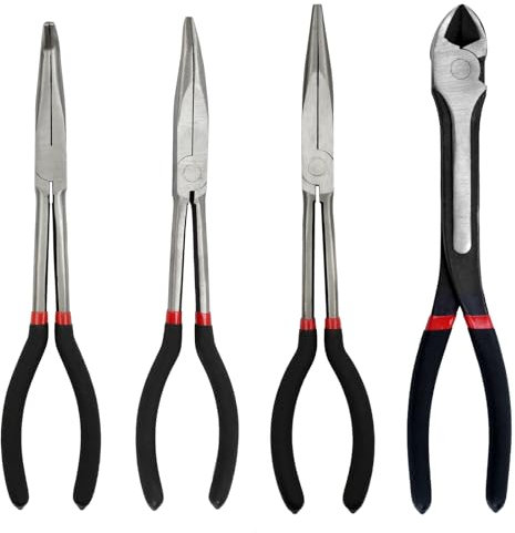 4 Packs 11 Needle Nose Pliers Set, Extra Long Needle Nose Pliers, Include Straight Long Reach Plier, 45/90°Bent Nose Pliers, Diagonal Plier for Bending Shaping Trimming