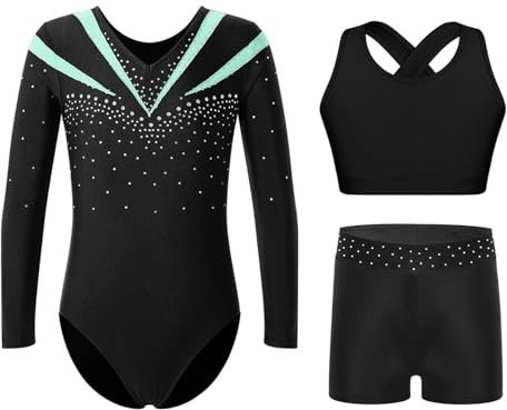 Oyolan Mädchen Kinder Turnanzug Gymnastikanzug Glitzernde Langarm Gymnastikbody mit Kurze Hose und Top Set Tanzkostüm Hellgrün 134-140
