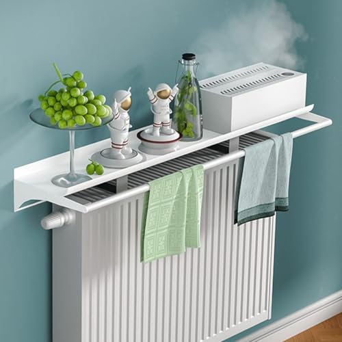 Copritermosifone Migliorata Bianca con Asta Portasciugamani, Mensola sopra Termosifone Senza Foratura Profondo 14cm, Copricalorifero in Lega di Alluminio con Staffa Facile da Montare,L 60cm/23.7in