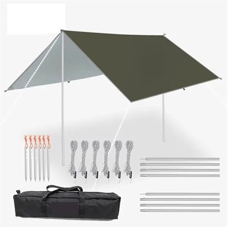 JMORCO Camping Plane 5x3m 4x3m 3x3meter wasserdichte Plane Zelt Schatten Ultraleicht Garten Baldachin Sonnenschirm Außen Camping Markise Tourist Strand Sonnenschutz 4x4(Olive Green Tarp Set,3x5m)