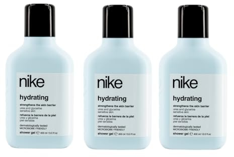 NIKE - Gel de Baño Hidratante 3x400 ml, Pack 3, Gel Ducha, Hidratación, con Urea y Glicerina, Refuerza la Barrera de la Piel, Fórmula Respetuosa con el Microbioma Cutáneo, Cuidado Avanzado de la Piel