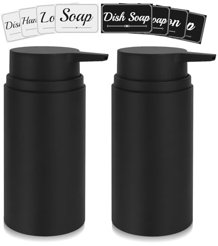 Topsky Set med 2 tvåldispenser i plast (480 ml) – svart påfyllningsbar – för handtvål, lotion och diskmedel – kök, badrum, dusch – inkl. pump för tvättställ och bänkskiva (med klistermärken)