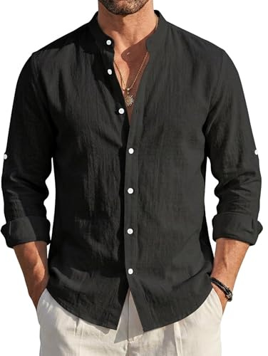 EndoraDore Camisas de algodón y lino para hombre, de manga larga, con botones, Negro, XL
