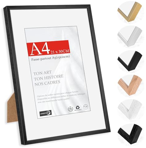HIMEETIME® 1x Marco de Fotos A4 21x21.9cm Aluminio Metálico Cepillado Negro，Passepartout 15x21cm，Marco Mediano 21x30 Certificados y Diplomas，para Montaje en Pared o Sobremesa