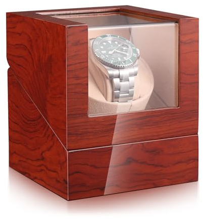 Lian Single Automatic Watch Winder Ebony Piano Lacquer Watch Box With Quiet Mabuchi Motor Acrylic Glass Anti-Scuff Battery Powered or AC Adapter (Pearwood)