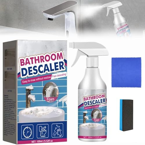 Spray de espuma descalcificadora de baño, potente removedor de cal y limpiador de espuma multiusos para baño, ducha, fregadero, vidrio, bañera y grifo, elimina manchas difíciles y depósitos de agua