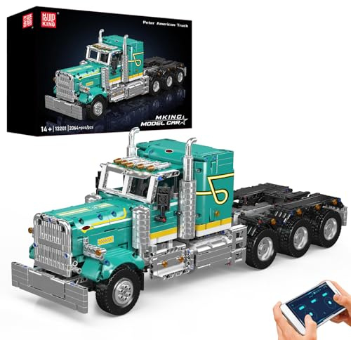 Mould King 13201 Technik Ferngesteuerter LKW Bausteine Modell, 2064 Teile Amerikanische LKW Modellbauklötze Spielzeug, Fernbedienung und App Doppelsteuerung Mobile Truck