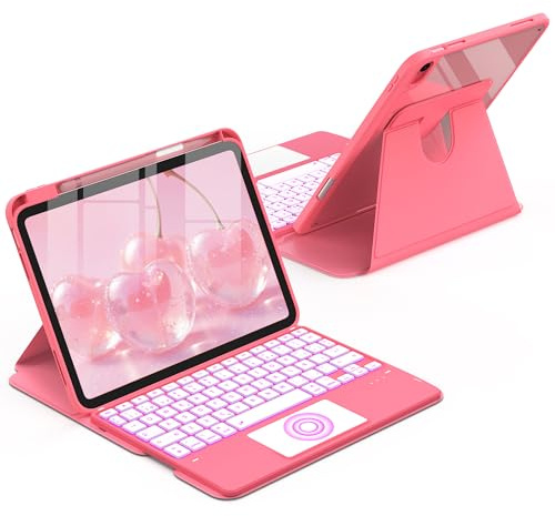 CACOE Giratorio 360°Funda Teclado para iPad A16 11/10 Gen con Touchpad | Teclado Retroiluminación de 7 Colores, Inalámbrico Desmontable Soporte Integrado para 11/10.9 Pulgadas 2025/2022, Rosa Sandía