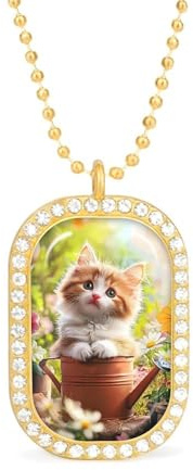 Cute Cat Sitting in Flower Pots Necklace Gift for Women White Diamond Necklaces Sparkling Rectangular Pendant with Chain