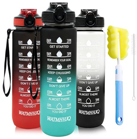 WATMHHJQ 32oz Sports Water Bottle Outdoor, with Drinking Time and Capacity Labels, Sport Water Cups with Straw,BPA Free Leak Proof,for Fitness Gym Running Climbing(Black green)