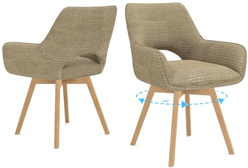 WAFTING Esszimmerstühle 2er Set Drehbar 360°,Armlehnstuhl,Küchenstuhl,Kaki | Holzbeine,Buche,Cord Stoff,Küchenstuhl,Wohnzimmerstuhl,Polsterstuhl mit Samt,Restaurant,Schlafzimmer,Esszimmer,Konferenzraum