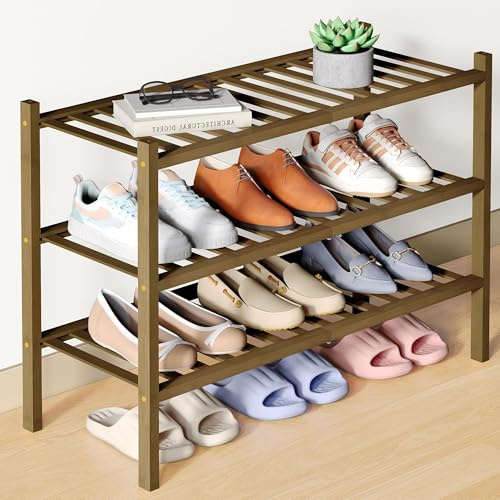 smiry Schuhregal aus Bambus, Schuhregal Platzsparend mit 3 Ebenen, Erweiterbar Stapelbar Shoe Rack, Schuhablage für Flur,Wohnzimmer, Schlafzimmer, Badezimmer, Walnuss