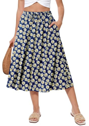 KISSMODA Womens Midi Skirt High Waist A Line Boho Skirts Trendy Casual Work Elegant Summer Palazzo with Pockets