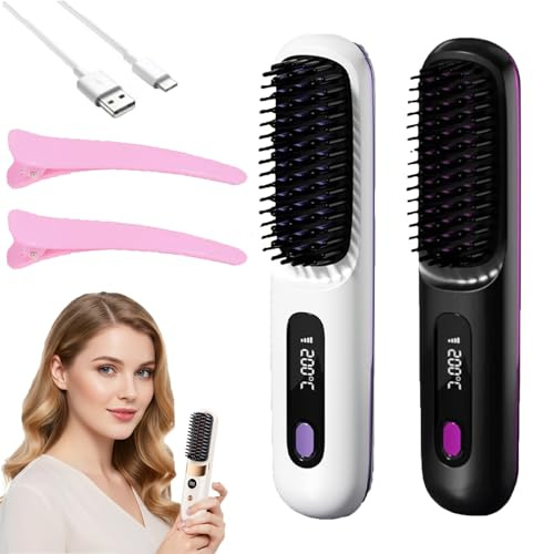 Brosse Coiffante Cheveux Court, Peigne Lissant Chauffant Sans Fil En CéRamique, 3600 Mah, 3 Modes De Chauffe Et éCran Led, Pour Un Coiffage Lisse Au Quotidien (Deux)