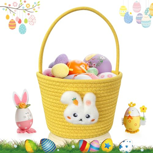 Shyllin Cesta de Pascua Conejo con Asa, Decoracion Conejitos Pascua, Cesta Conejito Personalizada, Adorable Cesta de Pascua, Canasta con Conejito Pascua (Yellow)