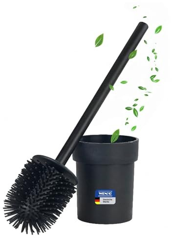 WENKO Turbo-Loc WC-Garnitur Mod. Lizan aus Stahl, mit Edelstahl-Bürstenstiel, selbstklebend, Starke Haftung, Wandmontage ohne Bohren, Toilettenbürstenhalter mit Silikon-Bürstenkopf, schwarz matt
