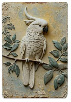 Targa in metallo vintage con cacatua bianca appollaiata sul ramo, per casa, bar, giardino, interni ed esterni, decorazione da parete retrò, 20 x 30 cm