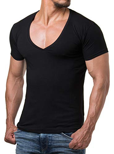 Re Rock Young & Rich - Camiseta para hombre, en 12 colores, con cuello de pico, corte ajustado y monocolor - tallas de la S hasta 3XL Negro M