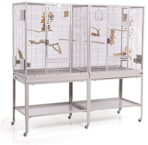 Premium Vogelkäfig New Madeira Double für Finken, Sittiche, 6 Lenkrollen, 4 Edelstahlnäpfe, AVILON Pulverbeschichtet, (Madeira Single + Anbaukit) | ca. 165 x 56 x 158cm