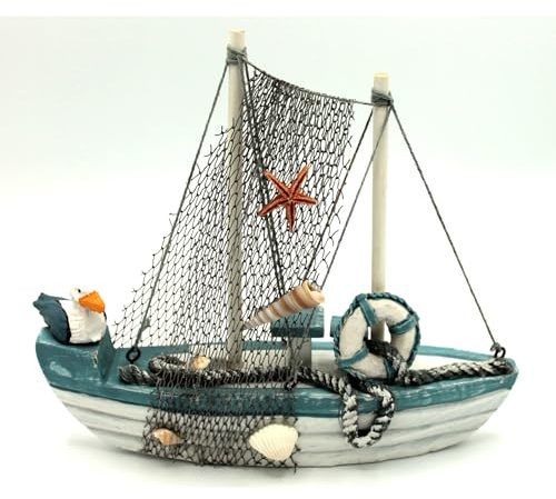 Gerkimex Boot aus Holz ca. 20 cm Antik-Design Weiss-Hellblau Fischkutter Schiff mit Möwe zur Maritimen Dekoration