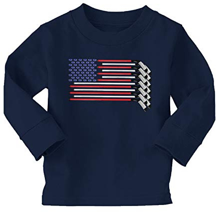 Haase Unlimited American Flag - Hockey Sticks Pucks Long Sleeve Toddler Cotton Jersey Shirt (Navy Blue, 2T)