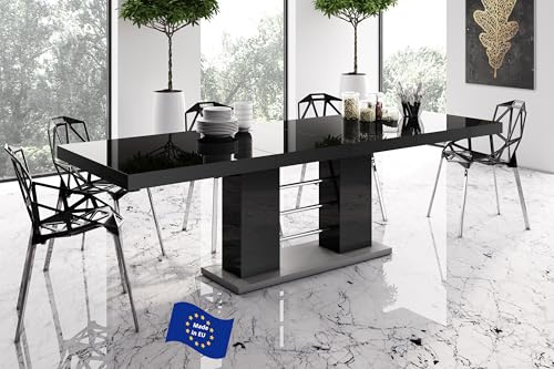 designimpex Design Esstisch HE-111 Schwarz Hochglanz Grau ausziehbar 160 cm bis 260 cm Esszimmertisch für bis zu 10 Personen Hochglanz Funktionstisch modern vielseitig Esszimmer erweiterbar zeitlos