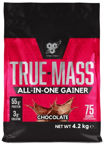 BSN True Mass All-In-One Gainer Poudre de Protéines et Glucides avec Créatine, Glutamine, Vit. D et Zinc pour le Gain Musculaire et la Récupération Post-entraînement, goût chocolat, 25 portions, 4,2kg
