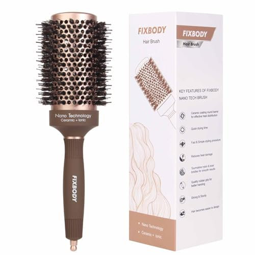 FIXBODY Round Barrel Hair Brush with Boar Bristles, Nano Thermal Ceramic Coating & Ionic Tech for Hair Drying, Styling, Curling, Straightening, Hair Volume and Shine (3.3, Barrel 2)