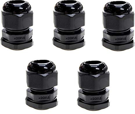 5pk Black M20 20mm TRS Stuffing Compression Glands for 6-12mm Cable, Waterproof IP68 with Locknut and Washer