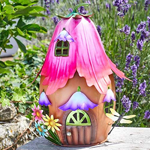 Garden Mile Large Fairy House Garden Ornament 30cm Multicoloured Fairy House for Garden Patio Lawn Weather Resistant Outdoor Statue Hand Painted Metal Fairies Home Outdoor Fairy Garden Accessory