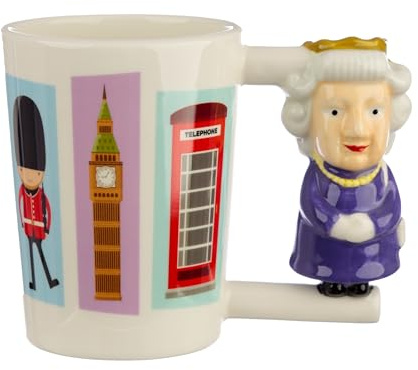 Puckator London Souvenir Queen Ceramic Shaped Handle Tea Coffee Mug - Funny Home Accessories - Cute Gifts for Girlfriend - Large Mugs for Men Women Hot Drinks - Cups Presents - Secret Santa Gift