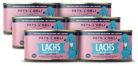Pets Deli Classic Nassfutter für Hunde mit Lachs, 6x190g | Hoher Lachsanteil, mit leicht verdaulichem Reis, mit Leinöl für Omega-3, ohne Zucker und Gluten, Premium Qualität