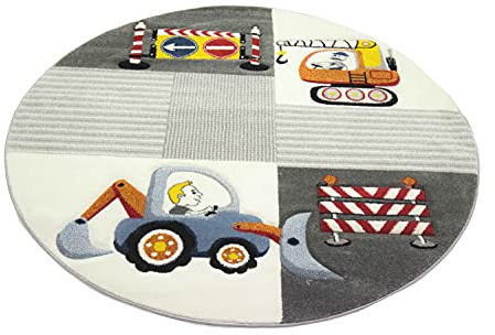 CARPETIA Spiel Teppich Kinderzimmer Baustelle Straßenschilder Bagger Kran Creme grau gelb Größe 160 cm Rund