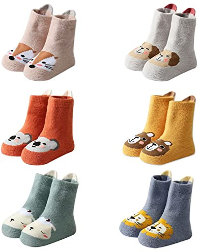 FedMois Pack de 6 Calcetines Térmicos Invierno de Algodón Antideslizantes para Bebé Niño Niña, Animales, 1-3 años