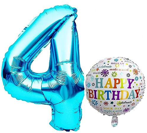 Luftballon 4. Geburtstag • XXL Riesen Folienballon SET • 101CM + 45 CM Ballon + 5M Deko Band • Folienballon 4 • Helium geeignet • Wiederverwendbar • Geburtstagsdeko Jungen Mädchen Ballon Zahl Ballon 4