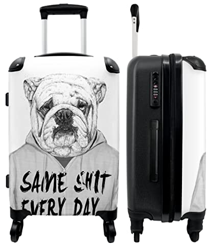 NoBoringSuitcases.com® Koffer groß Trolley Rollkoffer Reisekoffer mit 4 Rollen Fotokoffer - Hund - Pullover - Zitat - Weiß - 67x43x25cm - 90 Liter