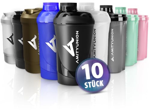 Protein Shaker Deluxe SET - 10 STÜCK - MEGA Paket 300, 400, 500, 600, 800 | Ml mit Sieb Eiweiß Shaker – Kleiner Fitness Shaker auslaufsicher - BPA frei mit Skala Skalierung - Unterschiedliche Farben