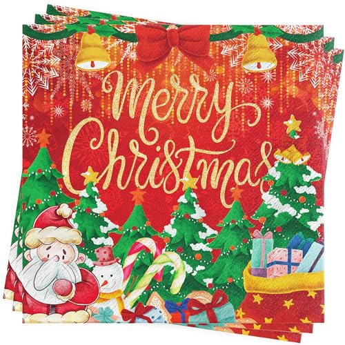 AFYHH Servietten Weihnachten Tischdeko Deko - 40Stück Weihnachten Servietten Geburtstag Rot Merry Christmas Napkins Weihnachts Tischdeko Papierservietten 33x33cm