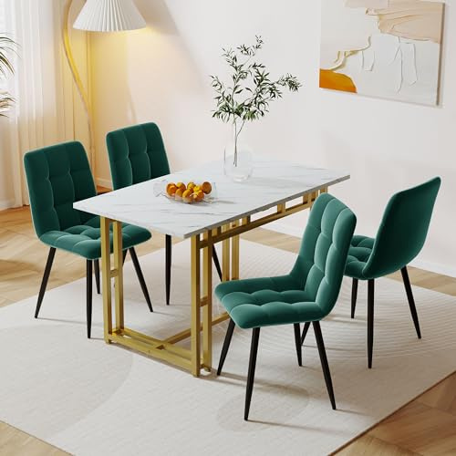 KUAKE 120x70cm Esstisch mit 4 Stühlen Set,Moderne Küche Esstisch Set, Gold Eisen Beintisch (Dunkelgrüner Esszimmerstuhle)