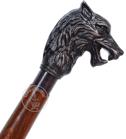 Antiker Wolfskopf Messinggriff Braun Holz Gehstock - Holzstock mit antikem Messinggriff - Einzigartiger Vintage Look Dekorative Gentleman Walking Stöcke und Stöcke Antik Messing