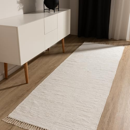 benuta Basic Tapis Coton Tom - Crème 70x200 cm - Tissé à Main - 100% recyclé - Compatible avec Chauffage au Sol - pour Salon, Chambre, Couloir, Salle à Manger