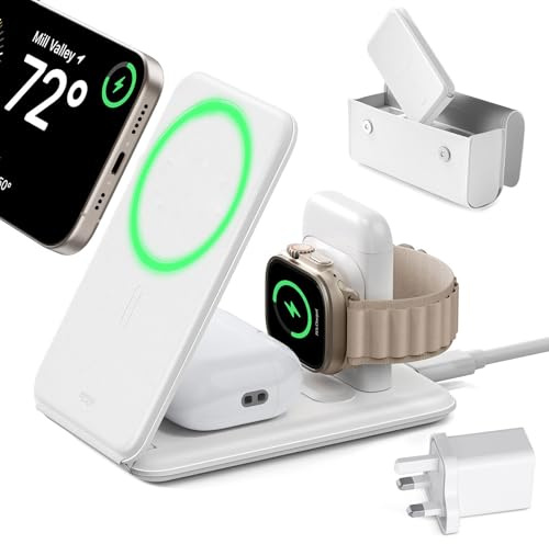 ESR for 3 in 1 Magsafe Charger Stand, [Certified] Apple Watch Charger & 15W iPhone Magsafe Charging, Travel Portable Charging for iPhone 17/16/15/14/13/12 Series, AirPods 4/3/Pro, White, with Bag