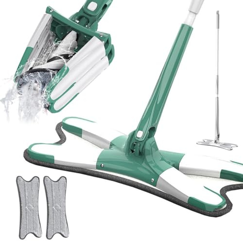2024 Neu Bodenwischer X-förmiges Großer Flachmopp, Wischmopp mit Auswringfunktion, Flacher Wischmopp 360° Drehkopf Bodenwischer Set mit Wiederverwendbaren Mikrofaser Wischpads (Grün+2 Pads)