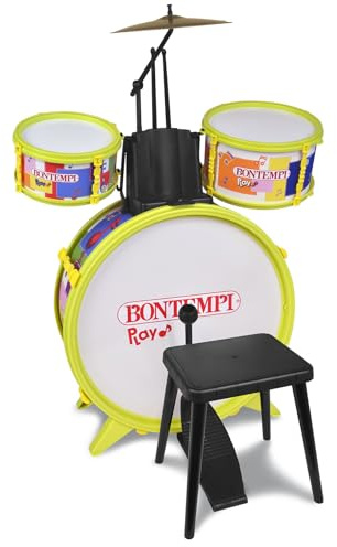 BONTEMPI - BeatMasterPro Batterie Classique à 4 Éléments avec Tabouret et Deux Baguettes pour Enfants, Set de Percussions Tambours Jouets avec Effets Lumineux 68x50x50 cm