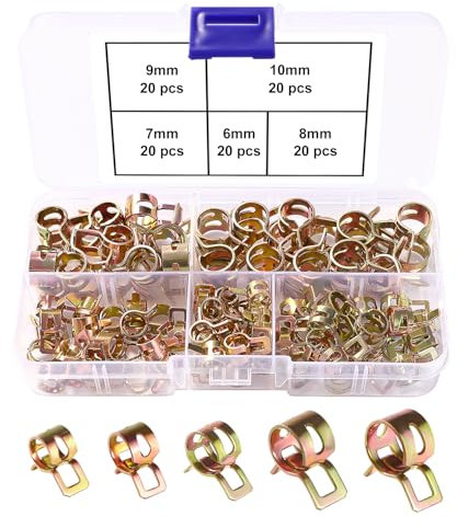 Lyeteung 100 PCS 6/7 / 8/9 / 10 mm Spring Hose Clamp Assortment Set, Fuel Line Hose Clips, Fuel Line Pipe Clips, Water Pipe Air Tube Silicone Vacuum Hose Clamp Fastener, Gold