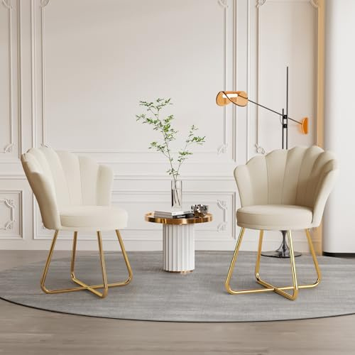Hawthyhome 2er-Set Schminktisch-Stühle aus Samt, Goldgestell, Beige | 2er-Set; Blütenblatt-Rückenlehnen; gepolsterte Sitzflächen; goldfarbenes Metallgestell; Schminkbereich & Schlafzimmer