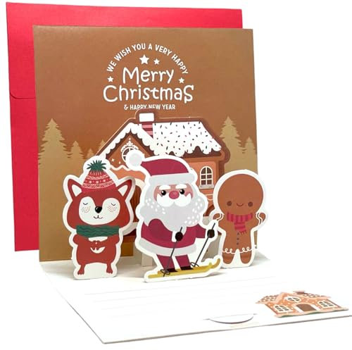 Weihnachtskarte 3D Pop up Grußkarte mit Briefumschlag, Geschenk für Weihnachten, Merry Christmas Karte (Merry Christmas (Braun))